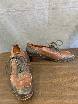 Womens, Shoes, REMIX, Dk Brown, Lt Brown, Leather, 10, Spectator Style, Two Tone with Pinked Edges and Perforated, 2" Stacked Heel, Large Cording for Laces
