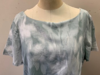 BANANA REPUBLIC, Blue-Gray, White, Polyester, Abstract , Floral, Short Sleeves, Bateau/Boat Neck, 3 Pleats at Left Hip, Speck of Blood Left Bust See Detail Photo,