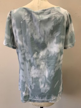 BANANA REPUBLIC, Blue-Gray, White, Polyester, Abstract , Floral, Short Sleeves, Bateau/Boat Neck, 3 Pleats at Left Hip, Speck of Blood Left Bust See Detail Photo,