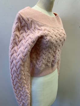 & OTHER STORIES, Lt Pink, Wool, Polyamide, Solid, Cable Knit, Long Sleeves, Cropped Length, Wide Ribbed Round Neck and Ribbed Cuffs