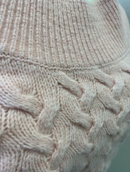 & OTHER STORIES, Lt Pink, Wool, Polyamide, Solid, Cable Knit, Long Sleeves, Cropped Length, Wide Ribbed Round Neck and Ribbed Cuffs