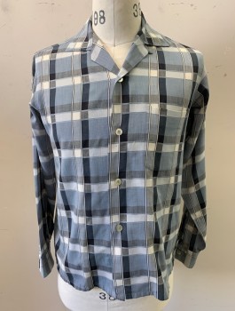Mens, Casual Shirt, SUPERIOR, Slate Gray, Lt Gray, Charcoal Gray, Poly/Cotton, Plaid-  Windowpane, N:14.5, S, 1950's, L/S, Button Front, Camp Collar, 1 Patch Pocket