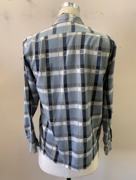 SUPERIOR, Slate Gray, Lt Gray, Charcoal Gray, Poly/Cotton, Plaid-  Windowpane, 1950's, L/S, Button Front, Camp Collar, 1 Patch Pocket
