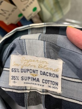 SUPERIOR, Slate Gray, Lt Gray, Charcoal Gray, Poly/Cotton, Plaid-  Windowpane, 1950's, L/S, Button Front, Camp Collar, 1 Patch Pocket