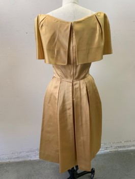 Womens, Cocktail Dress, HARRY KEISER, Gold, Silk, Solid, W:26, B:32, Satin, Caped Layer at Bust with Off the Shoulder Scoop Neck, V Notch at CF with Self Fabric Rose, Diagonal Pleats at Hips, Knee Length, CB Zipper