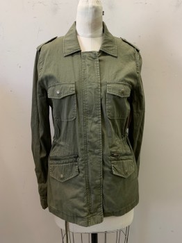VELVET, Olive Green, Cotton, Solid, Snap and Zip Front, 4 Pockets, Drawstring at Waist, 2 Epaulettes
