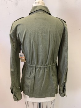 VELVET, Olive Green, Cotton, Solid, Snap and Zip Front, 4 Pockets, Drawstring at Waist, 2 Epaulettes