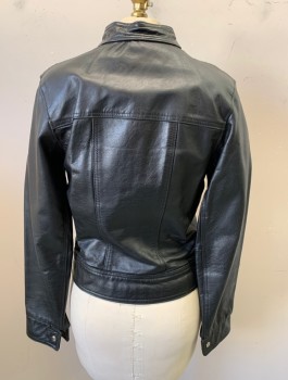Womens, Leather Jacket, ROOTS, Black, Leather, Solid, S, Zip Front, Stand Collar, No Pockets, 1 Snap Closure at Neck