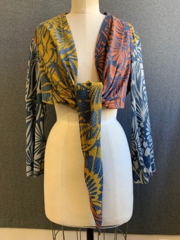 BCBG, Navy Blue, Gray, Rust Orange, Mushroom-Gray, Cotton, Silk, Floral, Cropped Wrap-top, Flared Long Sleeves, V Neck With Front Tie, Open V Cut Back,