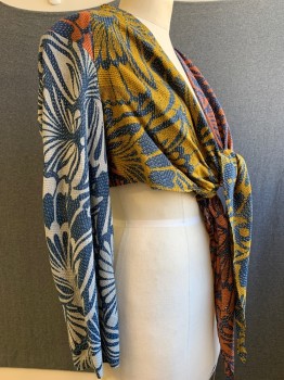 BCBG, Navy Blue, Gray, Rust Orange, Mushroom-Gray, Cotton, Silk, Floral, Cropped Wrap-top, Flared Long Sleeves, V Neck With Front Tie, Open V Cut Back,