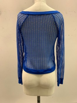 N/L, Blue, Cotton, Synthetic, Solid, Boat Neck, L/S, Mesh