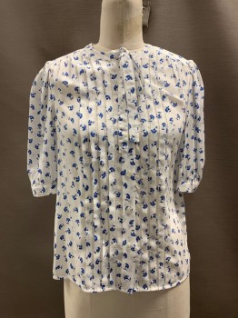 REBECCA TAYLOR, White, Blue, Silk, Floral, Band Collar, S/S, Tie At Neck, Pleated Front, B.F.,
