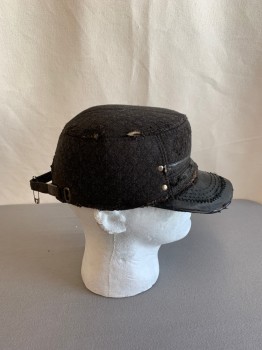 Mens, Sci-Fi/Fantasy Headpiece , N/L, Charcoal Gray, Faded Black, Polyester, Synthetic, Diamonds, O/S, Conductor/Trapper Style, Pleather Faded Black Bill, Flaps By Ears *Aged/Distressed*
