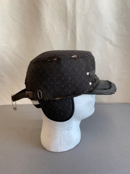 Mens, Sci-Fi/Fantasy Headpiece , N/L, Charcoal Gray, Faded Black, Polyester, Synthetic, Diamonds, O/S, Conductor/Trapper Style, Pleather Faded Black Bill, Flaps By Ears *Aged/Distressed*