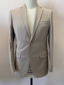 ALBERTO CARDINALI, Khaki Brown, Rayon, Polyester, Solid, Single Breasted, 2 Bttns, Notched Lapel, 3 Pckts, 2 Back Vents,