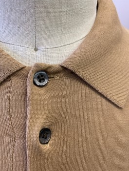 ROBERT BARAKETT, Beige, Cotton, Solid, Jersey, Long Sleeves, Rib Knit Collar Attached, 3 Buttons at Neck