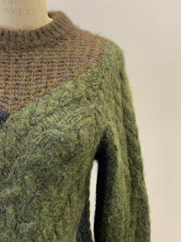 ETOILE, Brown, Moss Green, Faded Black, Wool, Viscose, Color Blocking, Cable Knit, L/S, Crew Neck, Textured Fabric