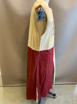 Mens, Historical Fiction Tabard, WINDLASS, Maroon Red, Cream, Cotton, Color Blocking, L/XL, 4 Quandrants of Alternating Maroon/Cream, Aged/Dirty, Heavy Canvas Fabric, Gold Metallic Lions at Each Side of Chest, Gold Trim, Split Hem at CF & Back, Reproduction Medieval Reenactment