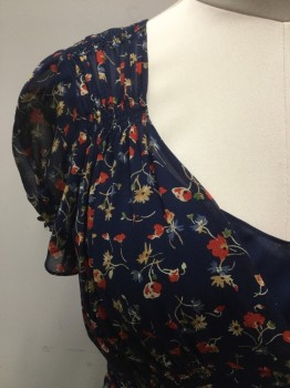 POLO, Navy Blue, Red, Cream, Green, Blue, Silk, Floral, Floral Printed Chiffon Over Dress, Cross Over V.neck, Short Sleeves, Side Snap Closure with Self Belt. Smocked Detail at Front Bodice