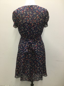POLO, Navy Blue, Red, Cream, Green, Blue, Silk, Floral, Floral Printed Chiffon Over Dress, Cross Over V.neck, Short Sleeves, Side Snap Closure with Self Belt. Smocked Detail at Front Bodice