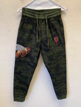 N/L, Olive Green, Dk Olive Grn, Black, Cotton, Spandex, Camouflage, Novelty Pattern, Jogger Pants, Olive Rib Knit Waistband and Ankles, Large Appliques at Hips, Including a Fly with the Words "L'Aveugle Par Amour", a Shield, and a Rose, Drawstrings at Waist, 4 Pockets