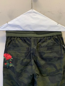 N/L, Olive Green, Dk Olive Grn, Black, Cotton, Spandex, Camouflage, Novelty Pattern, Jogger Pants, Olive Rib Knit Waistband and Ankles, Large Appliques at Hips, Including a Fly with the Words "L'Aveugle Par Amour", a Shield, and a Rose, Drawstrings at Waist, 4 Pockets