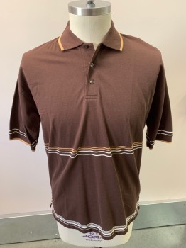 DANIEL K, Brown, White, Caramel Brown, Poly/Cotton, Solid, Stripes, S/S, 3 Buttons, Picque, Rib Knit Collar And Cuffs