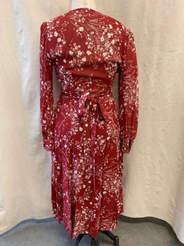 REFROMATION, Red Burgundy, White, Polyester, Rayon, Floral, Wrap Dress, V-neck, Long Sleeves, Sheer Back & Sleeves, Belted, Hem Below Knee