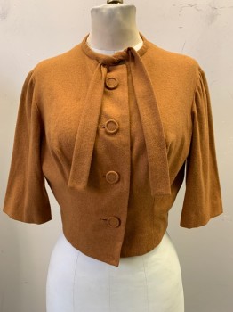 Womens, Jacket, NL, Lt Brown, Cotton, Wool, Solid, W: 24, B: 36, Neck Tie Attached, Single Breasted, Button Front, 4 Buttons, 3/4 Sleeve