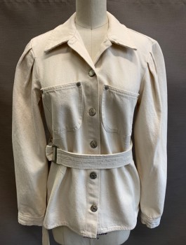 ZARA, Cream, Cotton, Solid, Denim, Button Front, Collar Attached, Puffy Gathered Sleeves, 2 Patch Pockets at Chest, Self Belt Attached at Waist