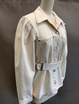 ZARA, Cream, Cotton, Solid, Denim, Button Front, Collar Attached, Puffy Gathered Sleeves, 2 Patch Pockets at Chest, Self Belt Attached at Waist