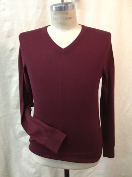 BANANA REPUBLIC, Wine Red, Cotton, Silk, Solid, V-neck, Long Sleeves