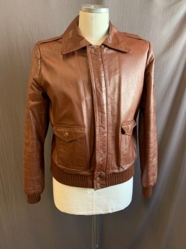 Mens, Leather Jacket, DUKE OF FIFTH AVE, Chocolate Brown, Leather, Acetate, Solid, 42, C.A., Zip Front, 3 Snaps, 2 Pockets with Snaps, 1 Zip Pocket on Left Sleeve, Elastic Cuffs and Waistband, Epaulettes
