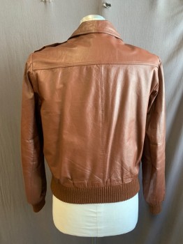 Mens, Leather Jacket, DUKE OF FIFTH AVE, Chocolate Brown, Leather, Acetate, Solid, 42, C.A., Zip Front, 3 Snaps, 2 Pockets with Snaps, 1 Zip Pocket on Left Sleeve, Elastic Cuffs and Waistband, Epaulettes