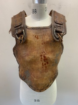 Mens, Historical Fict. Breastplate , NL, Brown, Leather, OS, Reptile Pattern on Shoulders, Faux Buckles, Side Straps & Buckles, Studded Trim, Molded Abs, Aged/Distressed
