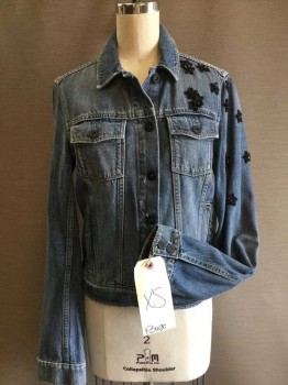 PAIGE, Lt Blue, Cotton, Synthetic, Heathered, Stars, JACKET:  Stone Washed Blue Denim, Collar Attached, 6 Black Button Front, 2 Pockets Front W/flap W/matching Buttons, Small Holes/frayed On Bottom Hem, Black Sequin & Beads Stars On Front, Right Arm & Back
