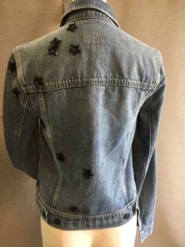 PAIGE, Lt Blue, Cotton, Synthetic, Heathered, Stars, JACKET:  Stone Washed Blue Denim, Collar Attached, 6 Black Button Front, 2 Pockets Front W/flap W/matching Buttons, Small Holes/frayed On Bottom Hem, Black Sequin & Beads Stars On Front, Right Arm & Back