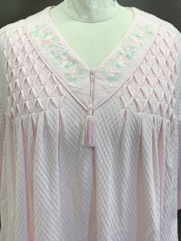 COLLETTE, Pink, Lt Green, Cotton, Polyester, Solid, S/S, V Neck, Zip Front, Embroiderred Flowers, Textured Fabric