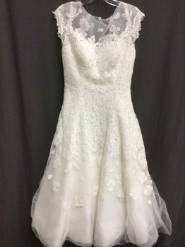 Womens, Wedding Gown, Oleg Cassini, Ivory White, Lace, Beaded, Floral, 8, Sleeveless, Wide Neck Collar, See Photo Attached,