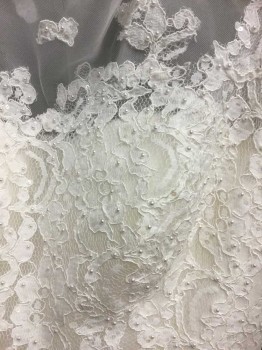 Womens, Wedding Gown, Oleg Cassini, Ivory White, Lace, Beaded, Floral, 8, Sleeveless, Wide Neck Collar, See Photo Attached,
