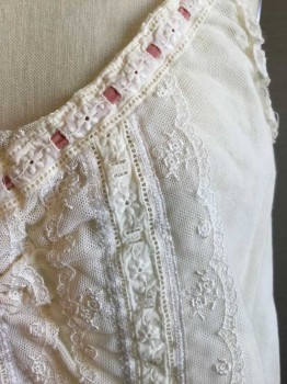 Womens, Camisole 1890s-1910s, Fox801, Cream, Cotton, B34, Cotton Mesh Knit, Eyelet Lace Trim with Rose Ribbon Drawstring At Scoop Neckline,