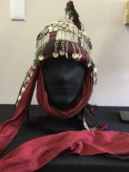 Mens, Sci-Fi/Fantasy Headpiece , MTO, Red Burgundy, Silver, Black, White, Cotton, Metallic/Metal, Geometric, Embellished Turban Appliquéd With Stamped Metal Pieces, Beaded And Embroiderred Tassels
