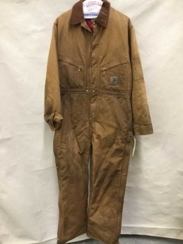 Mens, Coveralls/Jumpsuit, CARHART, Caramel Brown, Cotton, 40R, Aged, Zip Front, Brown Corduroy Collar, 4 Pockets, Long Sleeves, Zip/Snap Side Legs