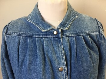 NL, Lt Blue, Red, Navy Blue, White, Yellow, Cotton, Heathered, Plaid, Heather Light Blue Denim with Navy/red/white/yellow Plaid Flannel Lining, Collar Attached, 4 Pleat Yoke Front & Many in the Back, Puffy Long Sleeves, Brass Snap Front, 2" Waist Band Front & 2" Gathered Elastic Back