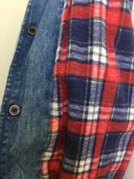 NL, Lt Blue, Red, Navy Blue, White, Yellow, Cotton, Heathered, Plaid, Heather Light Blue Denim with Navy/red/white/yellow Plaid Flannel Lining, Collar Attached, 4 Pleat Yoke Front & Many in the Back, Puffy Long Sleeves, Brass Snap Front, 2" Waist Band Front & 2" Gathered Elastic Back