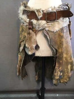 Mens, Historical Fiction Skirt, MTO, Brown, Tan Brown, Multi-color, Fur, Abstract , S, Artfully Matted Pelts Attached To Inner Leather Waistband, Leather Belt and Buckle  Close Center Front. Super Deluxe Neanderthal, Barbarian, Early Man, Stud Side and Hooves, Open In Front, Multiples