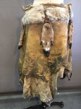 Mens, Historical Fiction Skirt, MTO, Brown, Tan Brown, Multi-color, Fur, Abstract , S, Artfully Matted Pelts Attached To Inner Leather Waistband, Leather Belt and Buckle  Close Center Front. Super Deluxe Neanderthal, Barbarian, Early Man, Stud Side and Hooves, Open In Front, Multiples