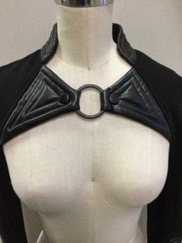 LIP SERVICE, Black, Viscose, Faux Leather, Shrug Jacket: Long Sleeves, Black Jersey Body, Black Pleather Stand Collar And Other Panels Throughout, Black Metal O Ring At Center Front Neck