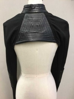 LIP SERVICE, Black, Viscose, Faux Leather, Shrug Jacket: Long Sleeves, Black Jersey Body, Black Pleather Stand Collar And Other Panels Throughout, Black Metal O Ring At Center Front Neck