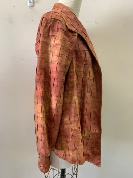 Womens, Sci-Fi/Fantasy Coat/Robe, MTO, Rust Orange, Wine Red, Gold, Silk, Rayon, Solid, M/L, Made To Order, Silk Taffeta Basket Weave Texture, Asymmetrical Collar & Hemline, Gold & Wine Brocade Lining, Raglan Sleeves, Open At Armholes, Silk Shatterred at Elbows and Lapel See Detail Photo,